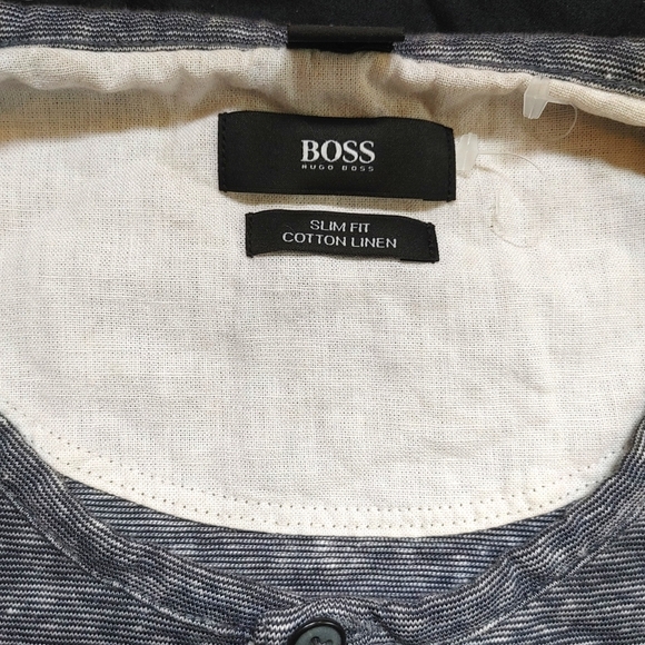 HUGO BOSS - Men's Gray Casual Button Neck Short Sleeve T-Shirt Cotton Linen - Picture 5 of 5